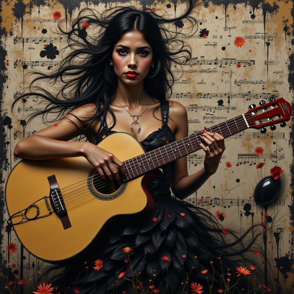 modern minimalist art :: woman holding a guitar. musical notes serenely atmospheric d...