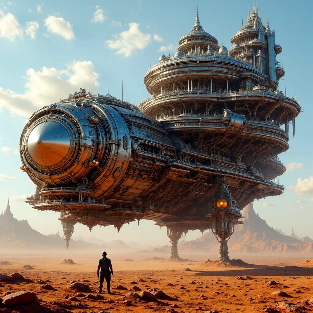 Intricate Metal Spaceship with Blacksmith, Sci-Fi Art