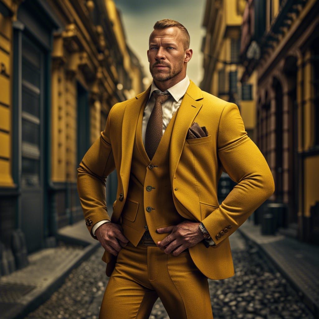Muscular Tintin in Brown Suit: Hyperrealistic Detail