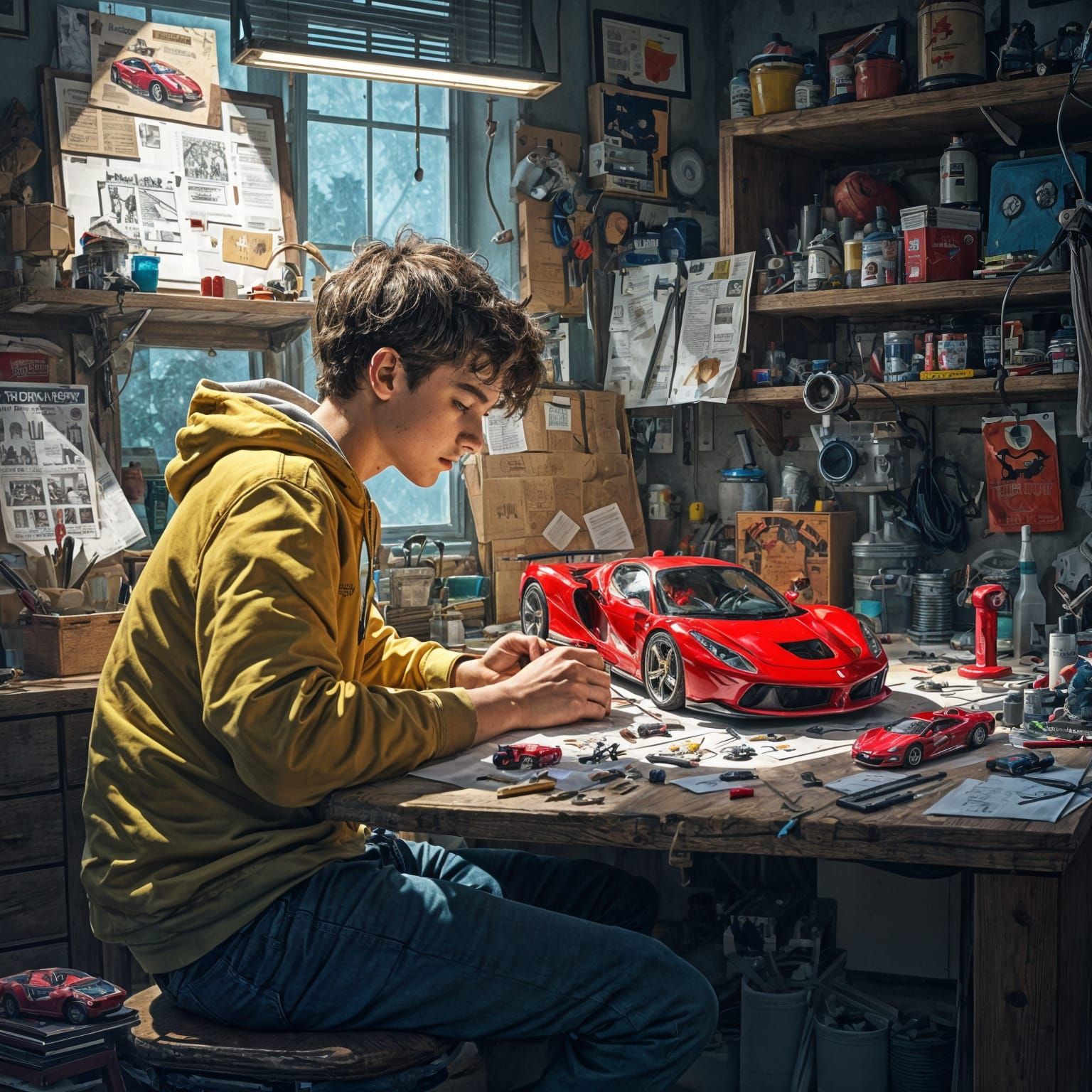 Teenager Building a Red Ferrari Model Car