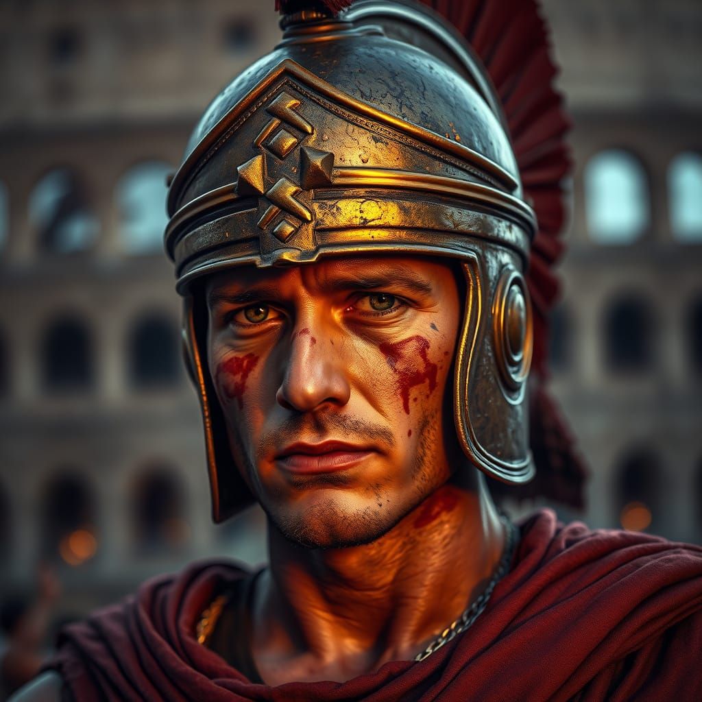 Realistic Roman Gladiator Portrait with Fiery Helmet Reflect...