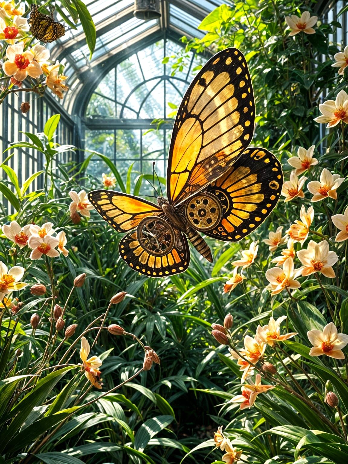 Steampunk Butterfly Automaton in Victorian Greenhouse