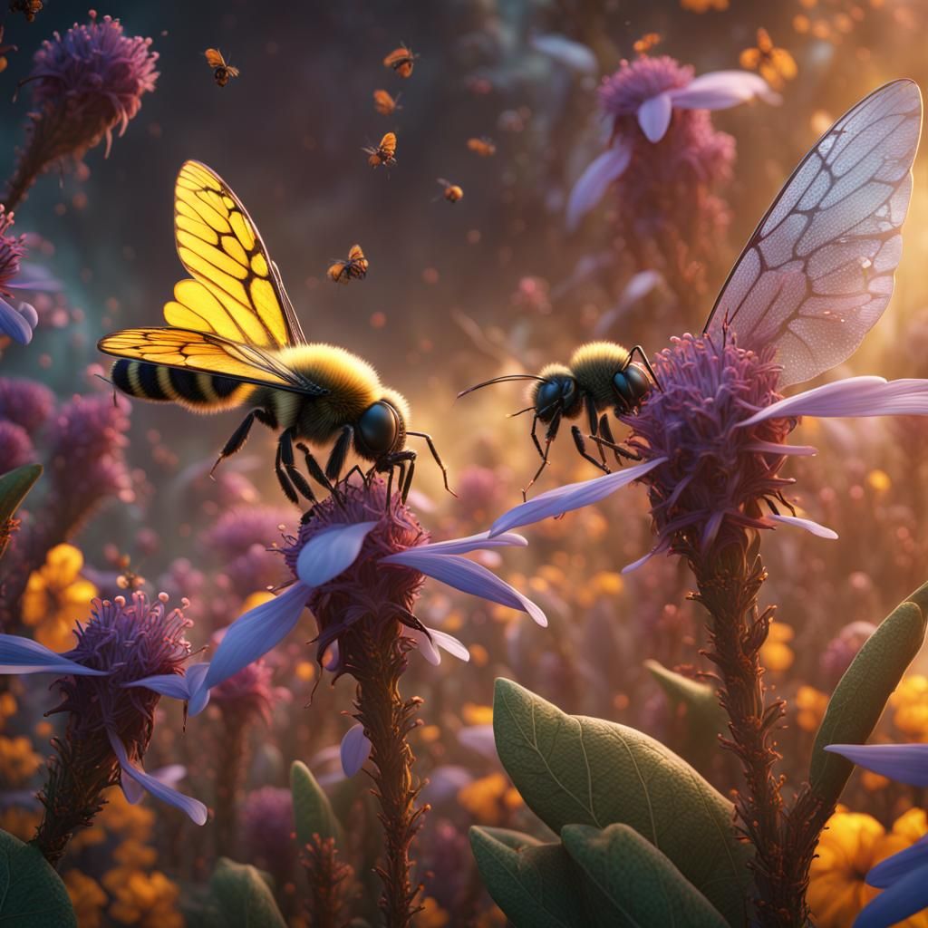 Detailed Pollinators in Fantastical Landscape