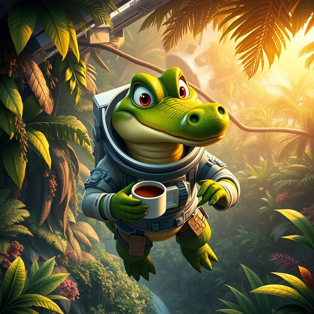 Crocodile Astronaut Sipping Coffee in Jungle Space Station