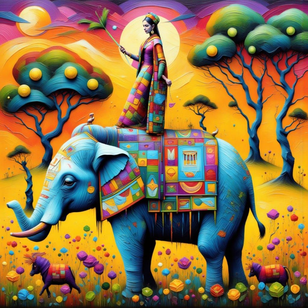 Naive Flat Art Elephant Painting in Graphic Line Art Style