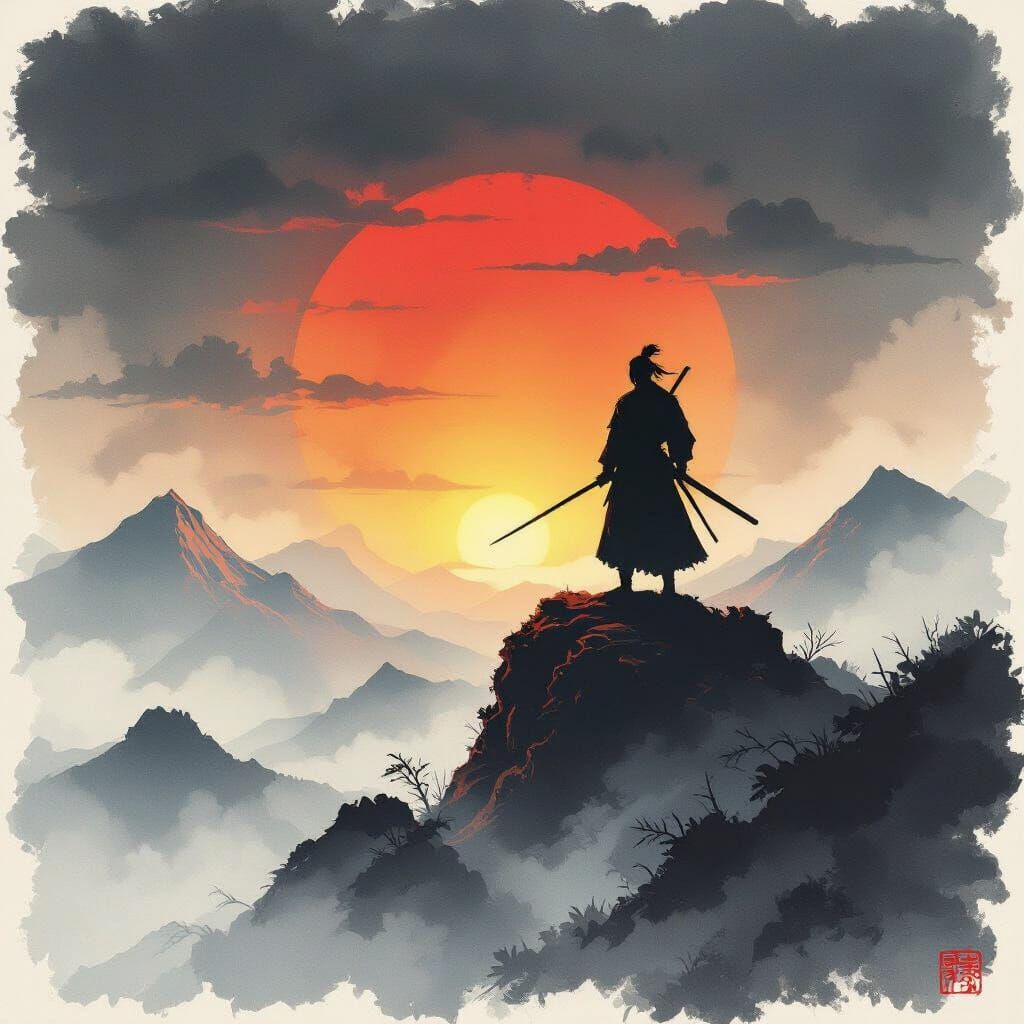Samurai on Misty Peak at Sunset in Sumi-e Style