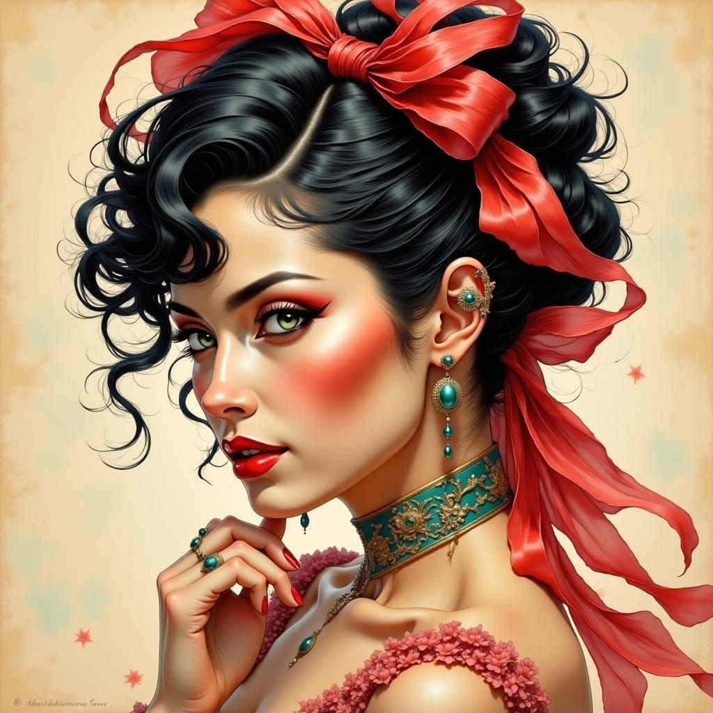 Elegant Spanish Woman with Wild Black Hair in Watercolor Sty...