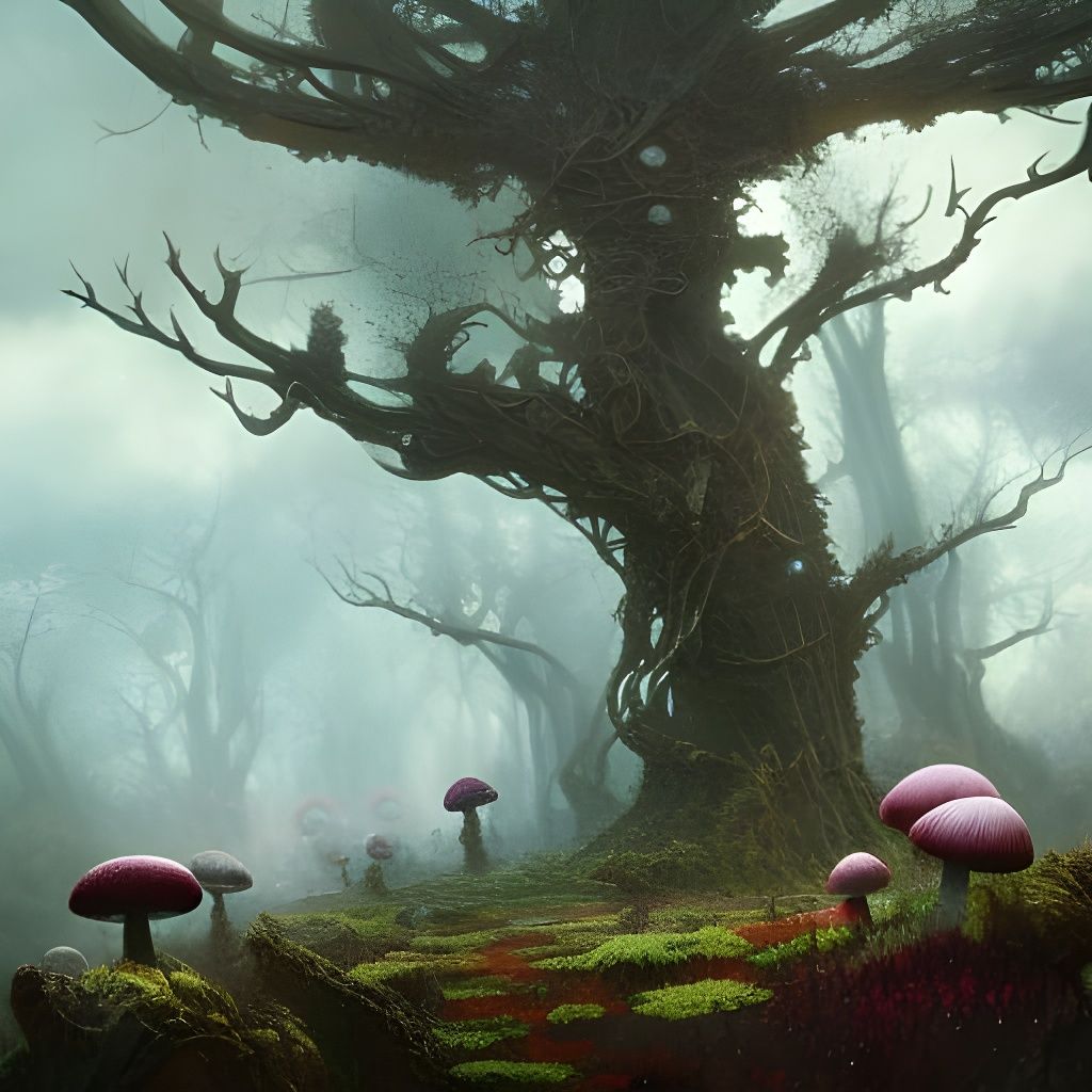Sinister Mushroom Butterfly Landscape in Fantasy Style