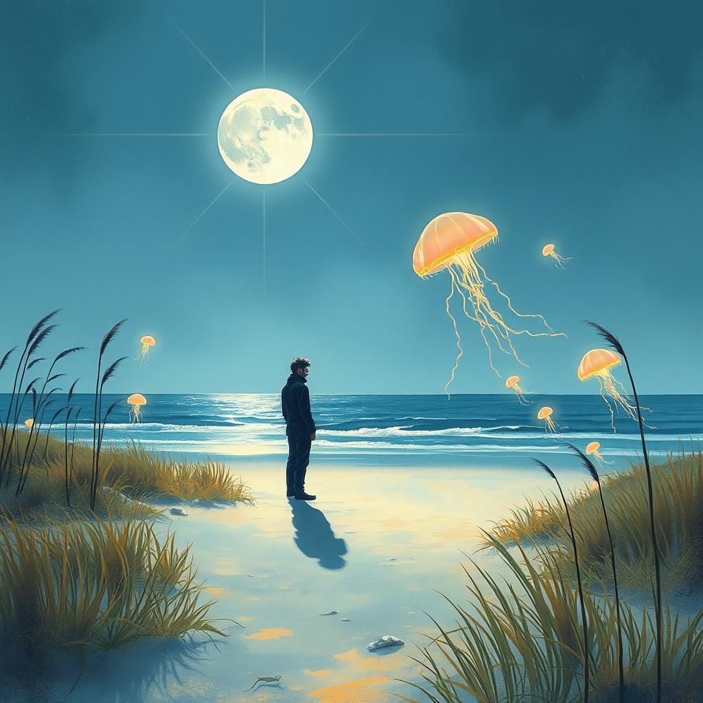 Moonlit Beach Contemplation in Watercolor Style