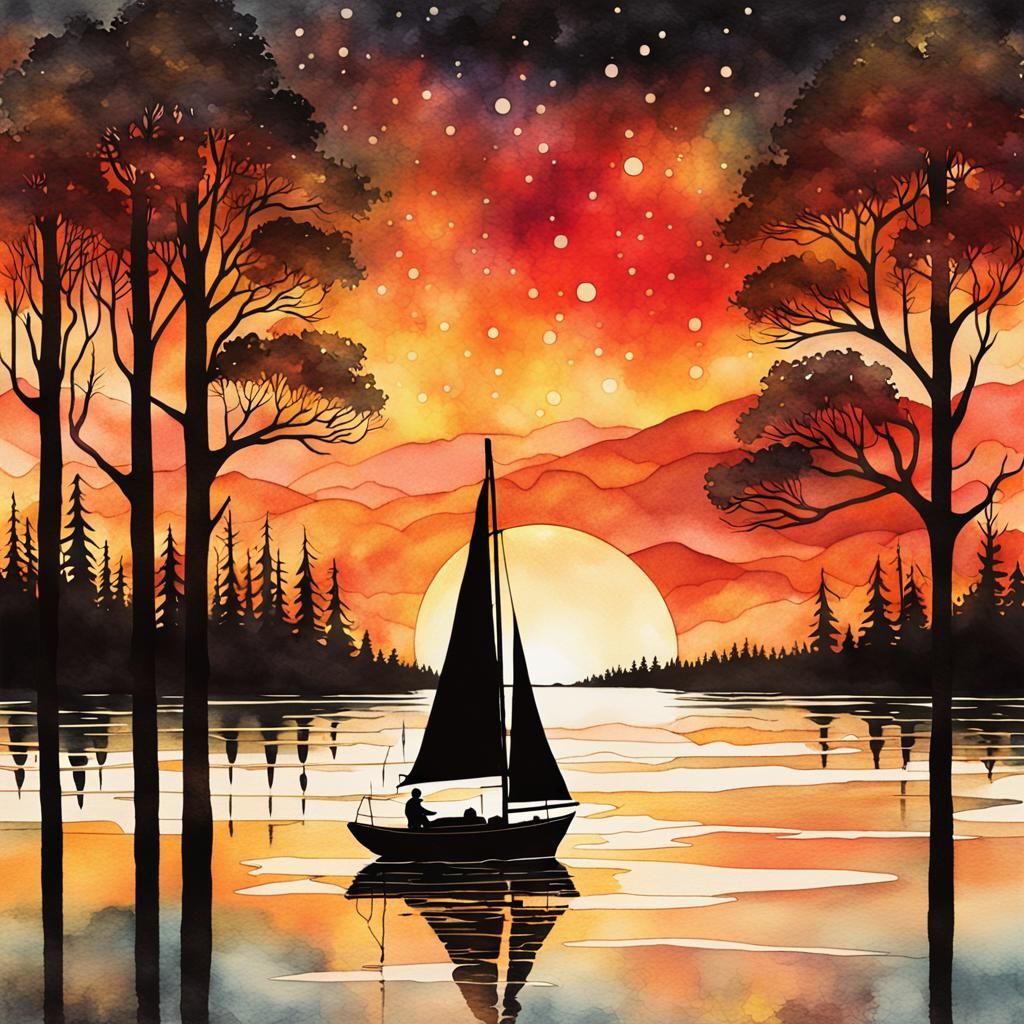 a black silhouette of a sailboat crossing a serene lake at s...