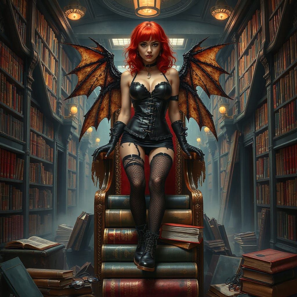 Goth Librarian with Dragon Wings on Book Throne