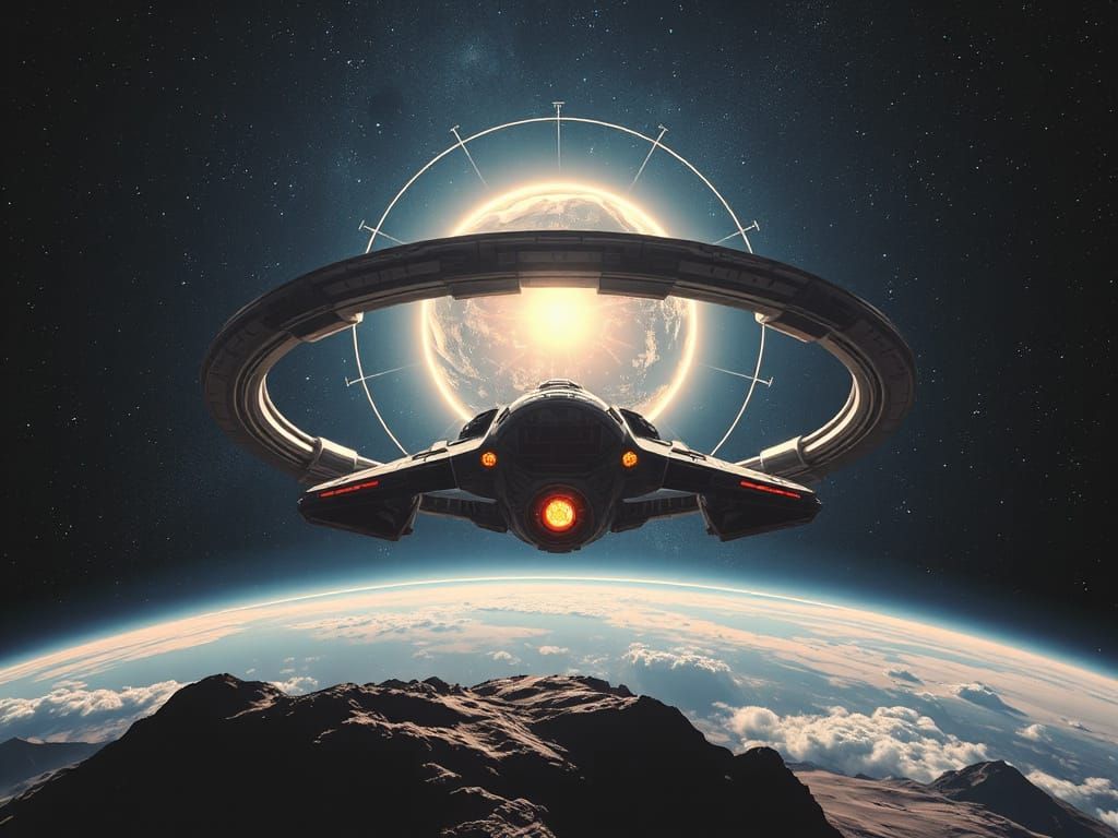 Starship Descending to Ringworld: Futuristic Vista
