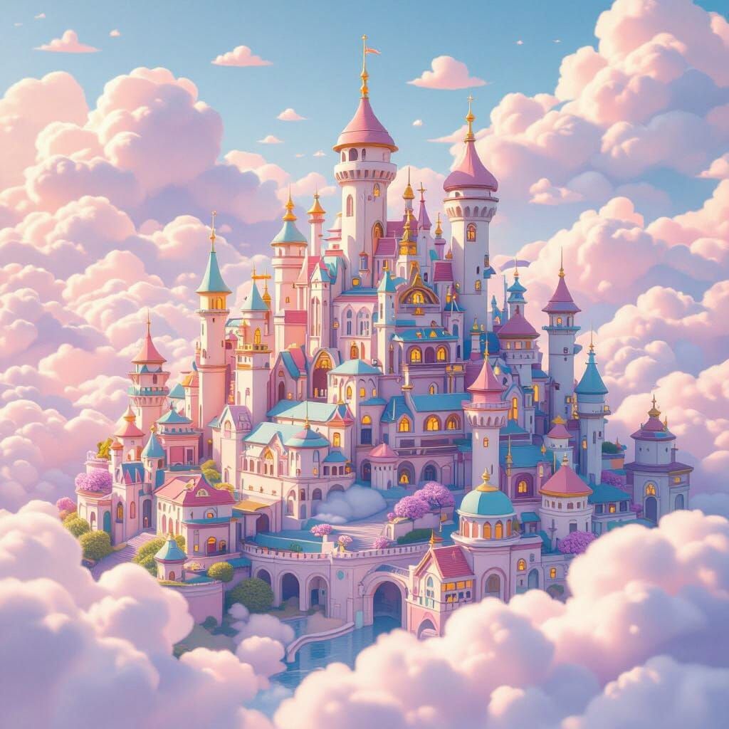 Kawaii Pastel Cloud City Illustration