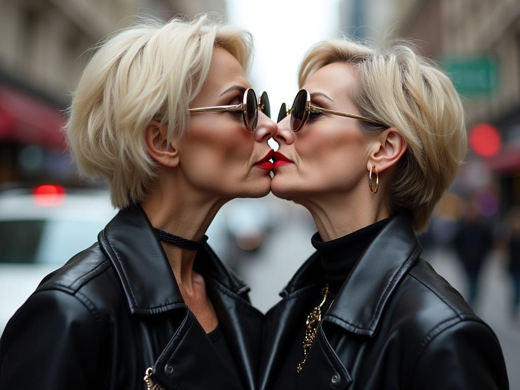 Two Women Share a Passionate Kiss in High-Fashion Style