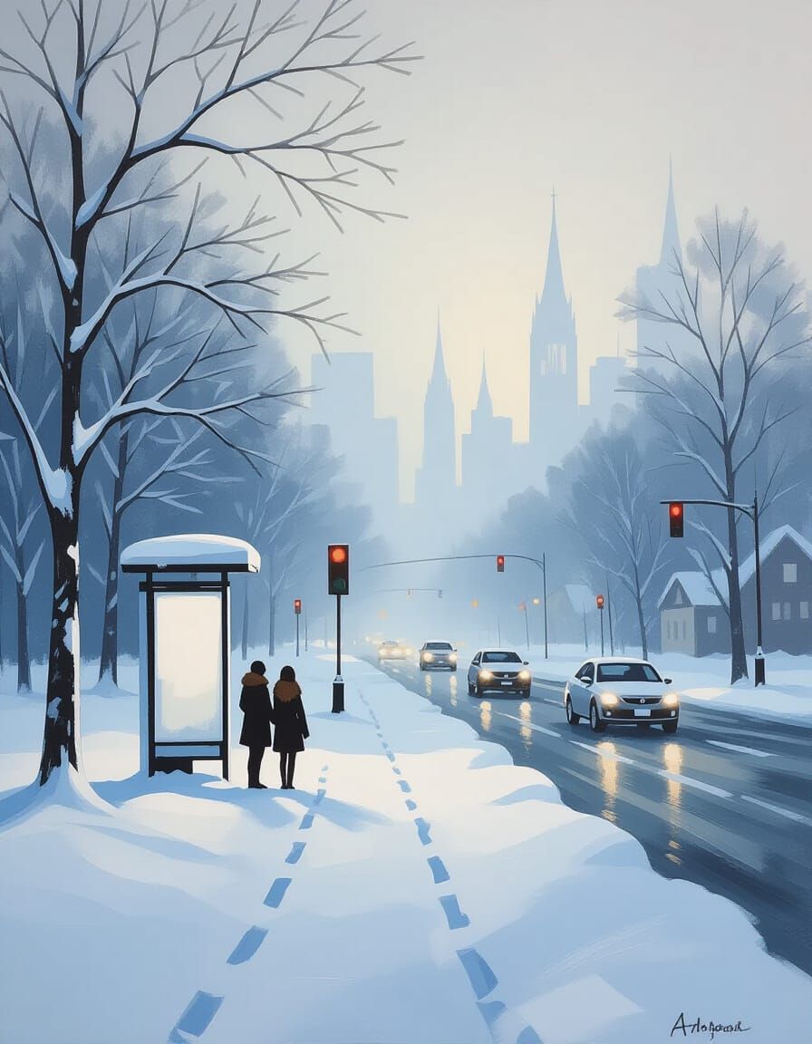 Encaustic Minimalist Winter Scene: Silhouettes at Bus Stop