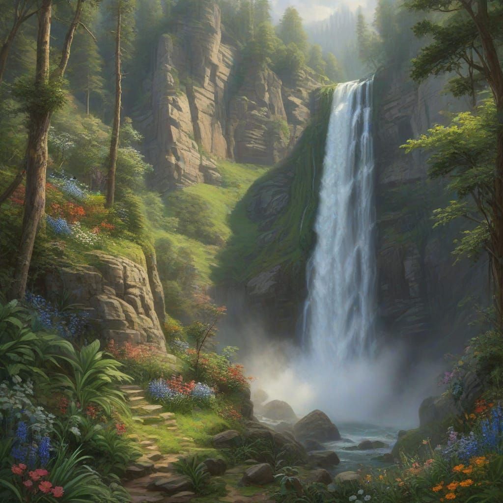 Surreal Realism Landscape: Waterfall in Whimsical Brushstrok...