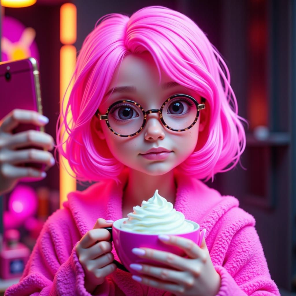 Neon Pink Haired Girl Takes Coffee Selfie