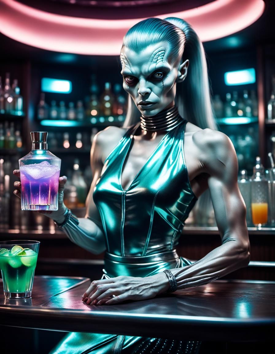 Cosmic Barmaid in Dreamlike Surrealist Art