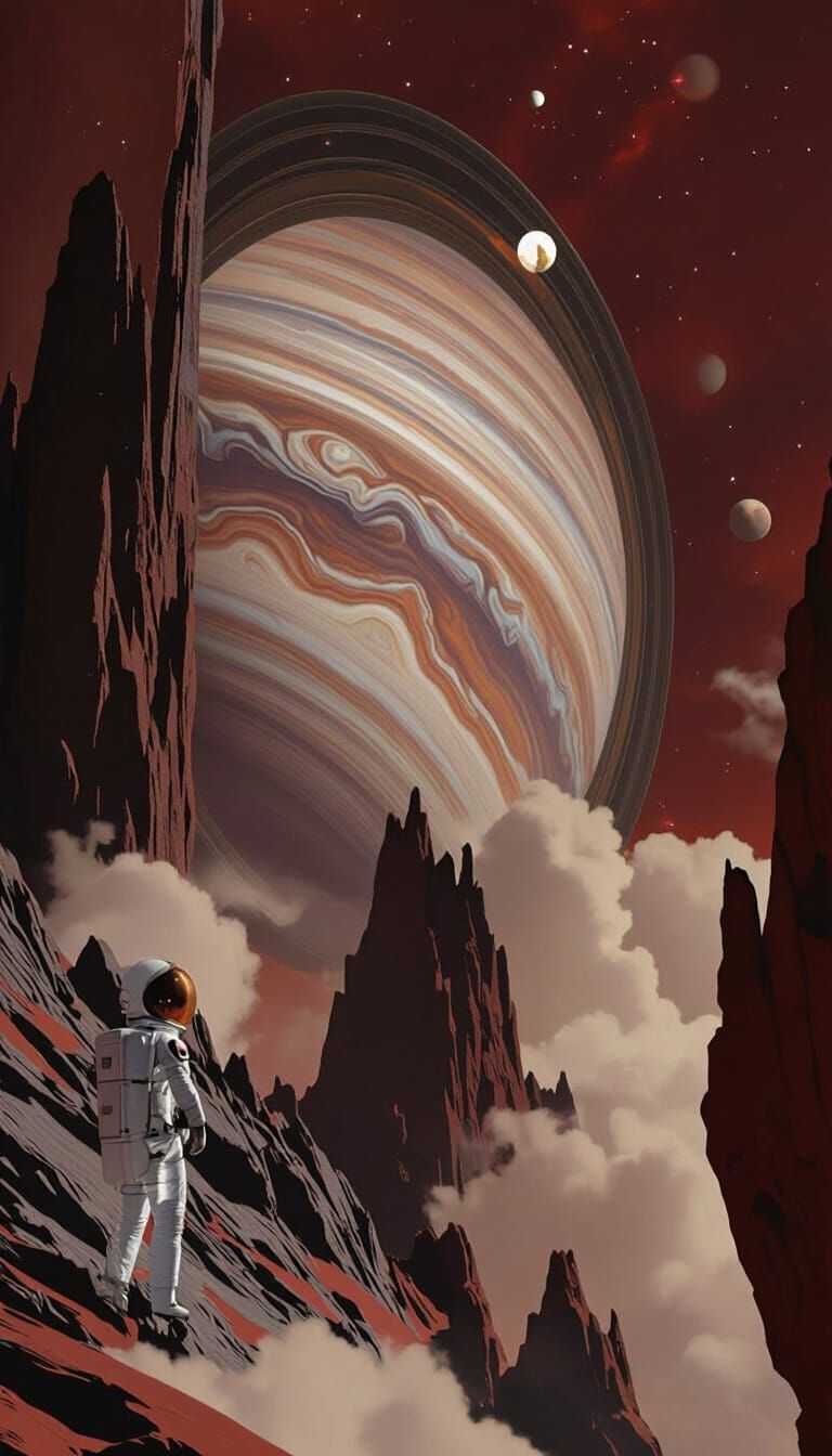 Astronaut Gazes at Ringed Planet on Crimson Desert
