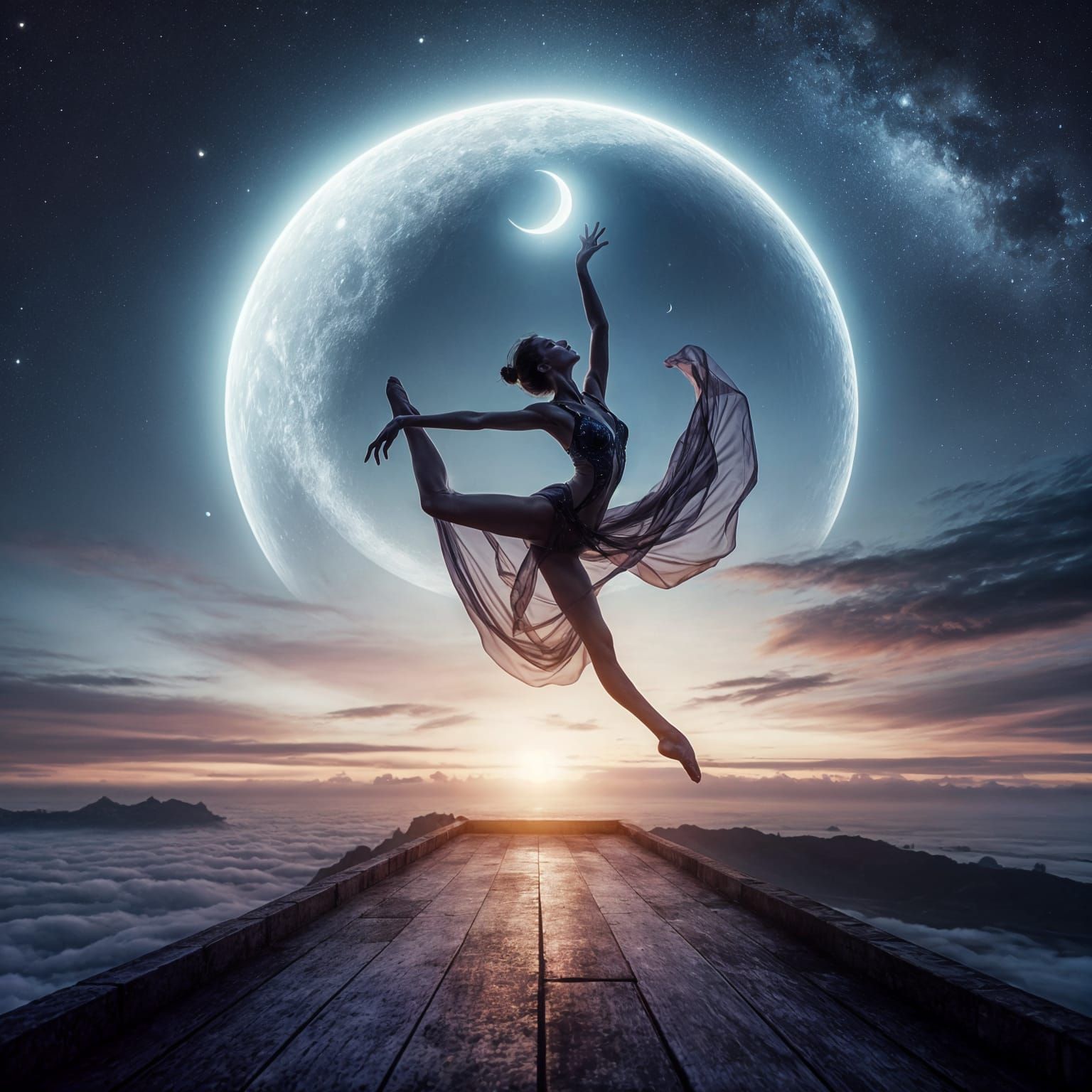 Ethereal Acrobat Leaps Towards the Moonlit Edge of the World