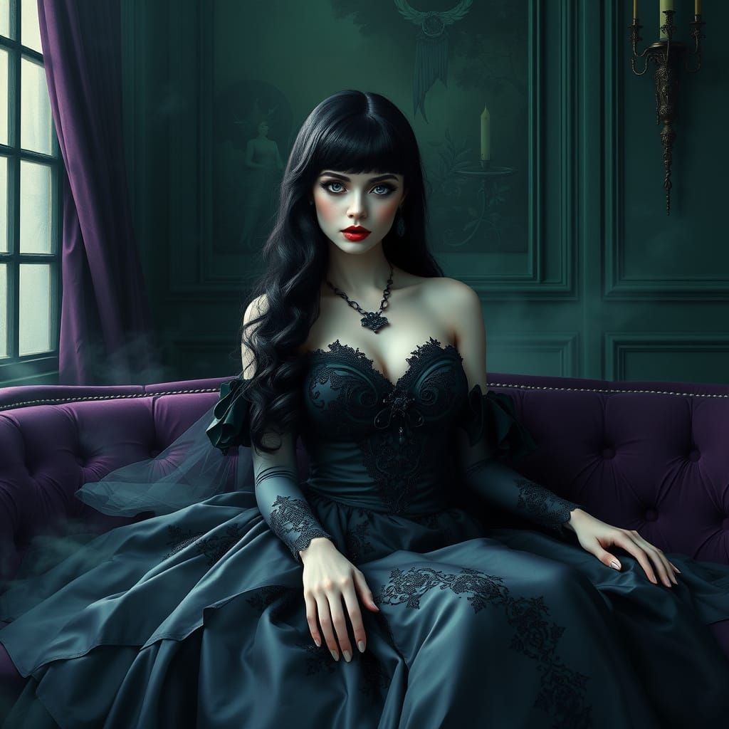 Gothic Woman in Ethereal Midnight Green Room