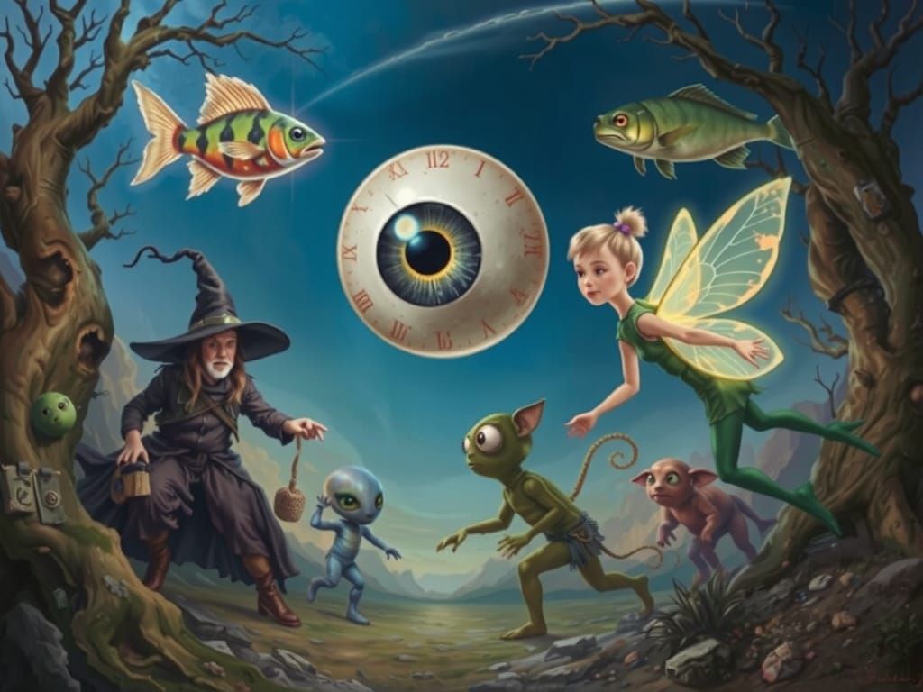 Surreal Dreamscape with Faerie Creatures and Giant Eyeball