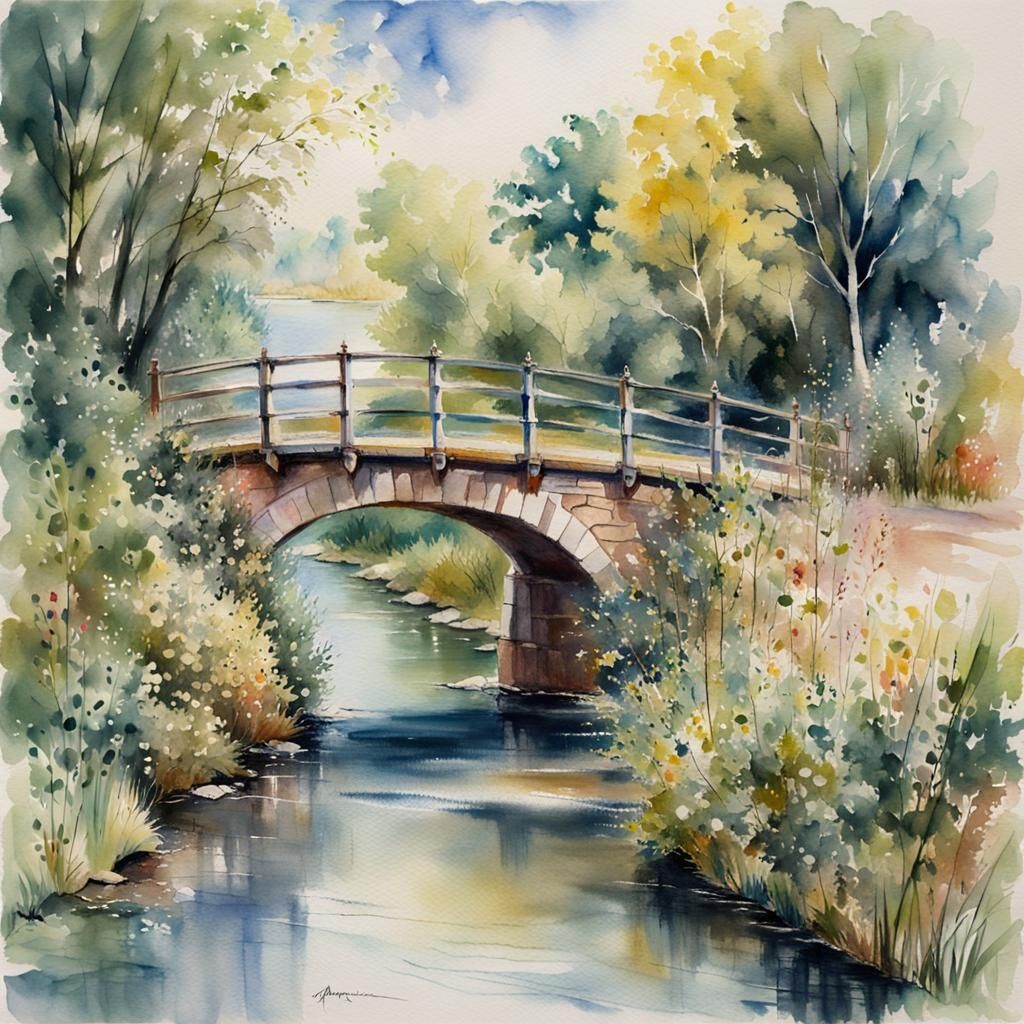 Aerial View of Half Bridge in Watercolour Style