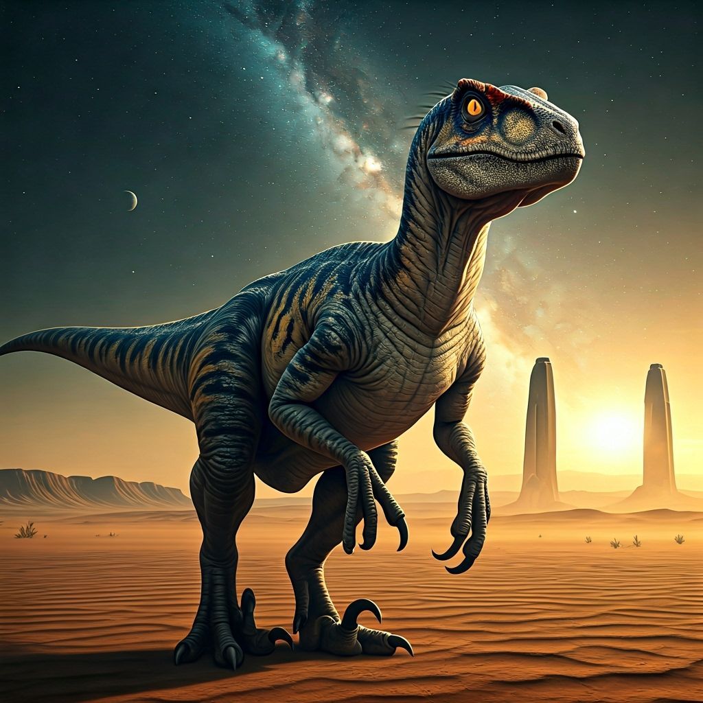 Hyperrealistic Utahraptor in Alien Desert Landscape