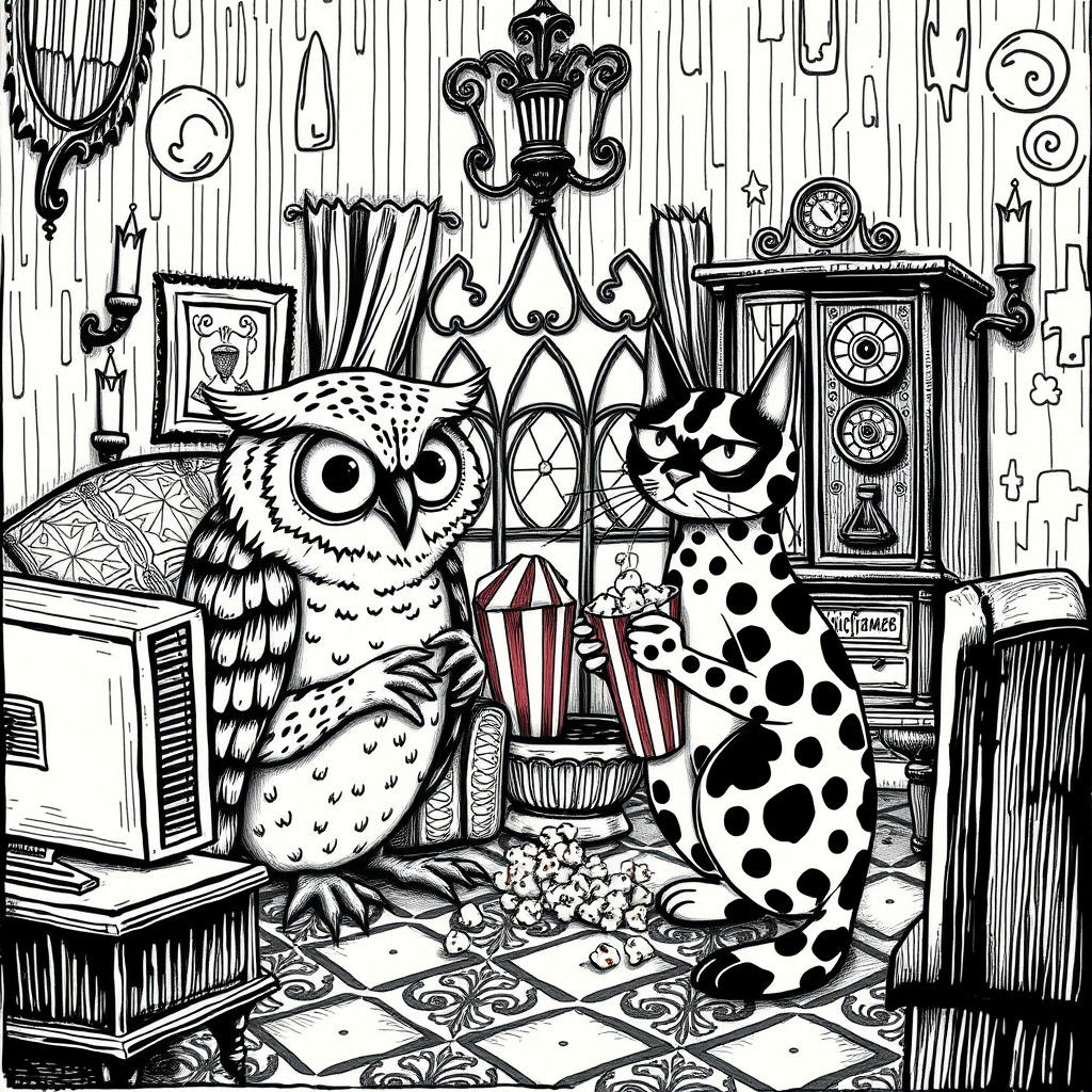 Gothic Doodle: Owl and Cat in Victorian Parlor
