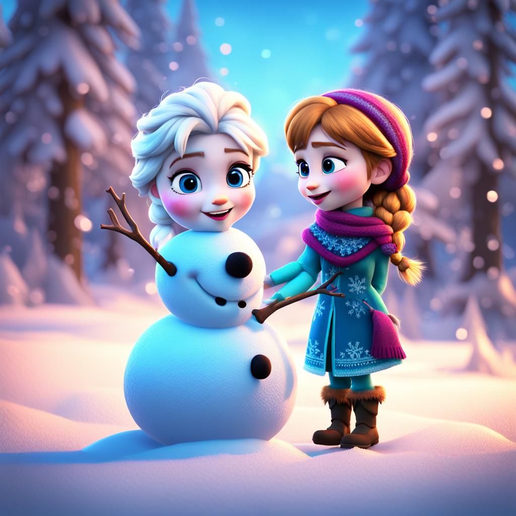 Chibi Anna and Elsa Build a Snowman: 3D Digital Art