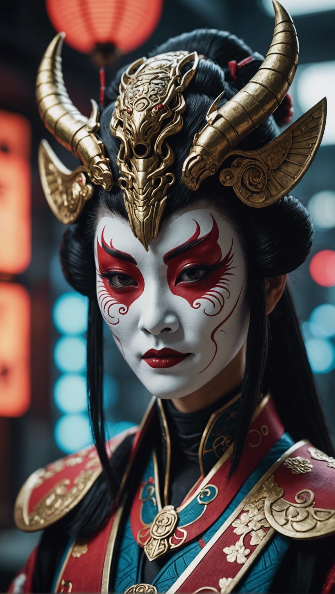 Futuristic Cyber Geisha Demon Mask in Cinematic Style
