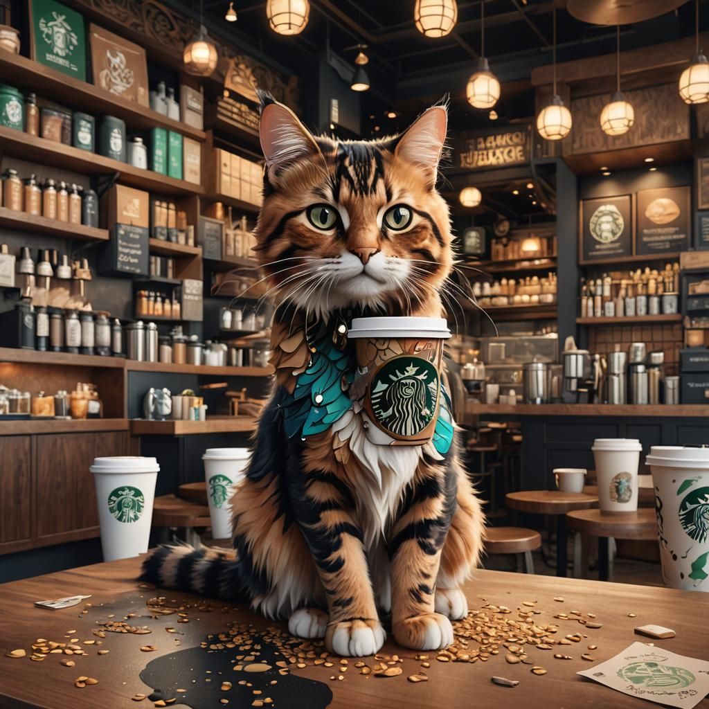 Calico Cat at Starbucks: Detailed Matte Painting