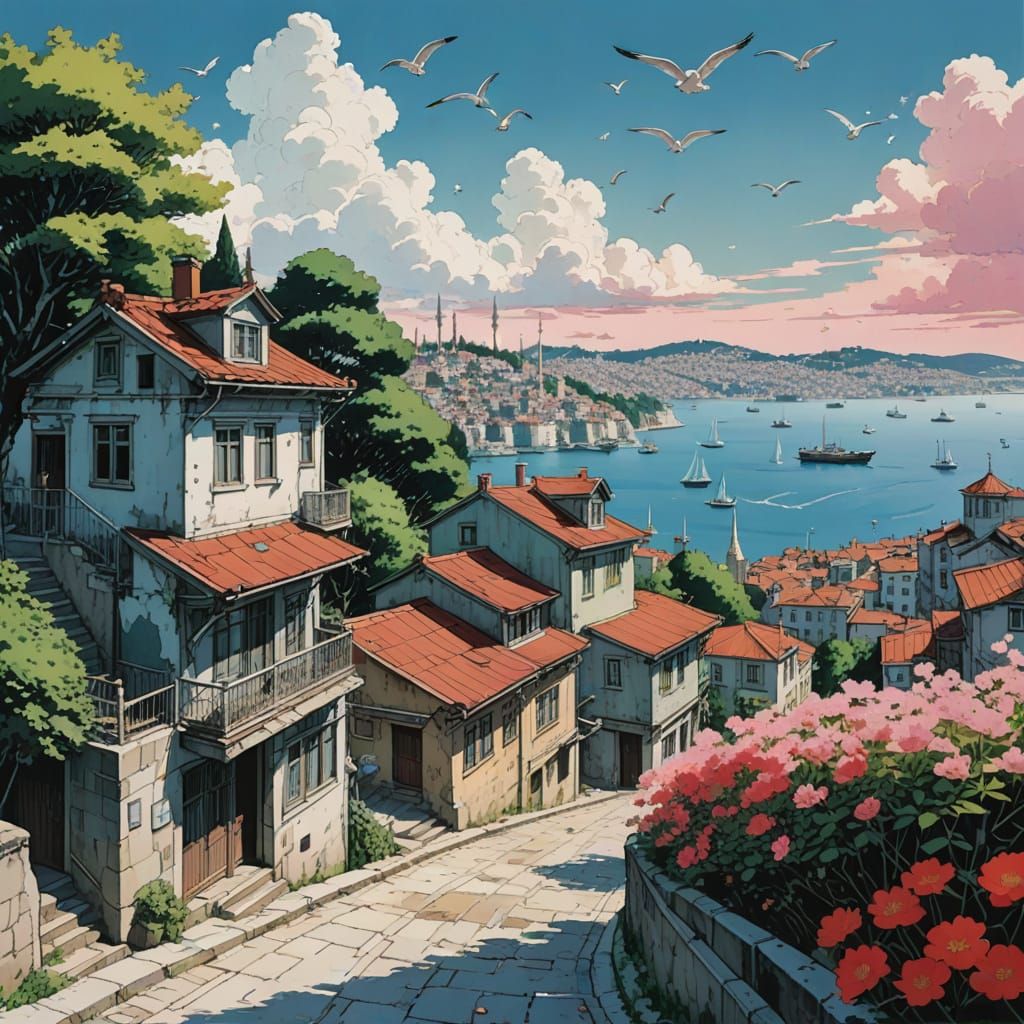 Dreamy Anime Landscape of Istanbul's Bosphorus Bridge