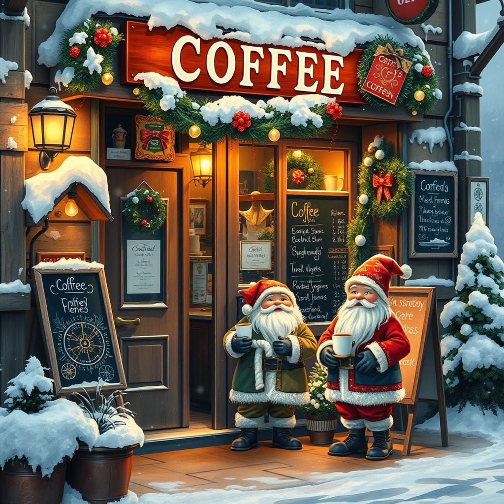 Whimsical Winter Wonderland Coffee Shop Scene in Steampunk S...