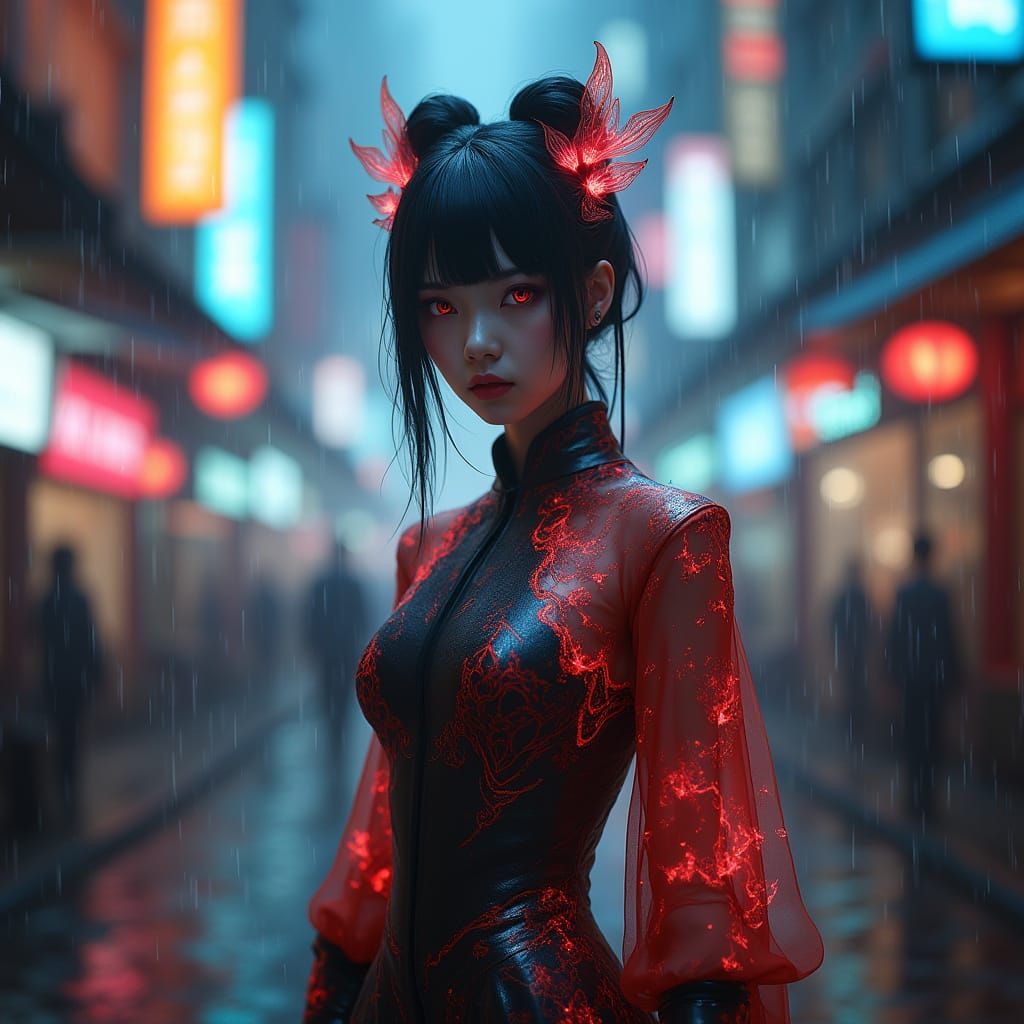 Cyberpunk Jiangshi in Rain-Soaked Futuristic City
