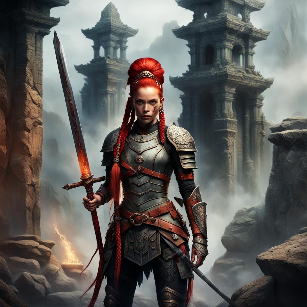 Fierce Female Warrior in Misty Stone Structure