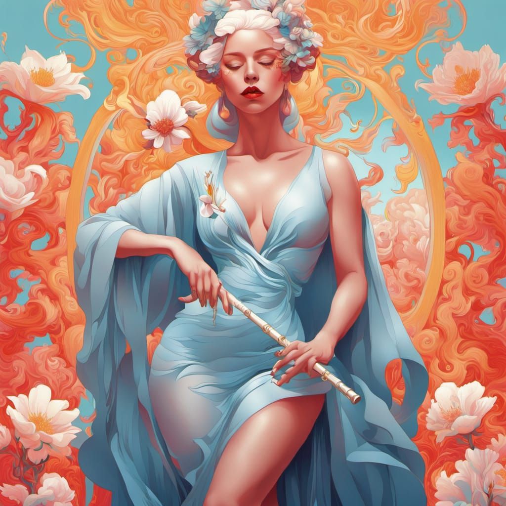 Surreal Goddess of Music in Vibrant, Shimmering Style