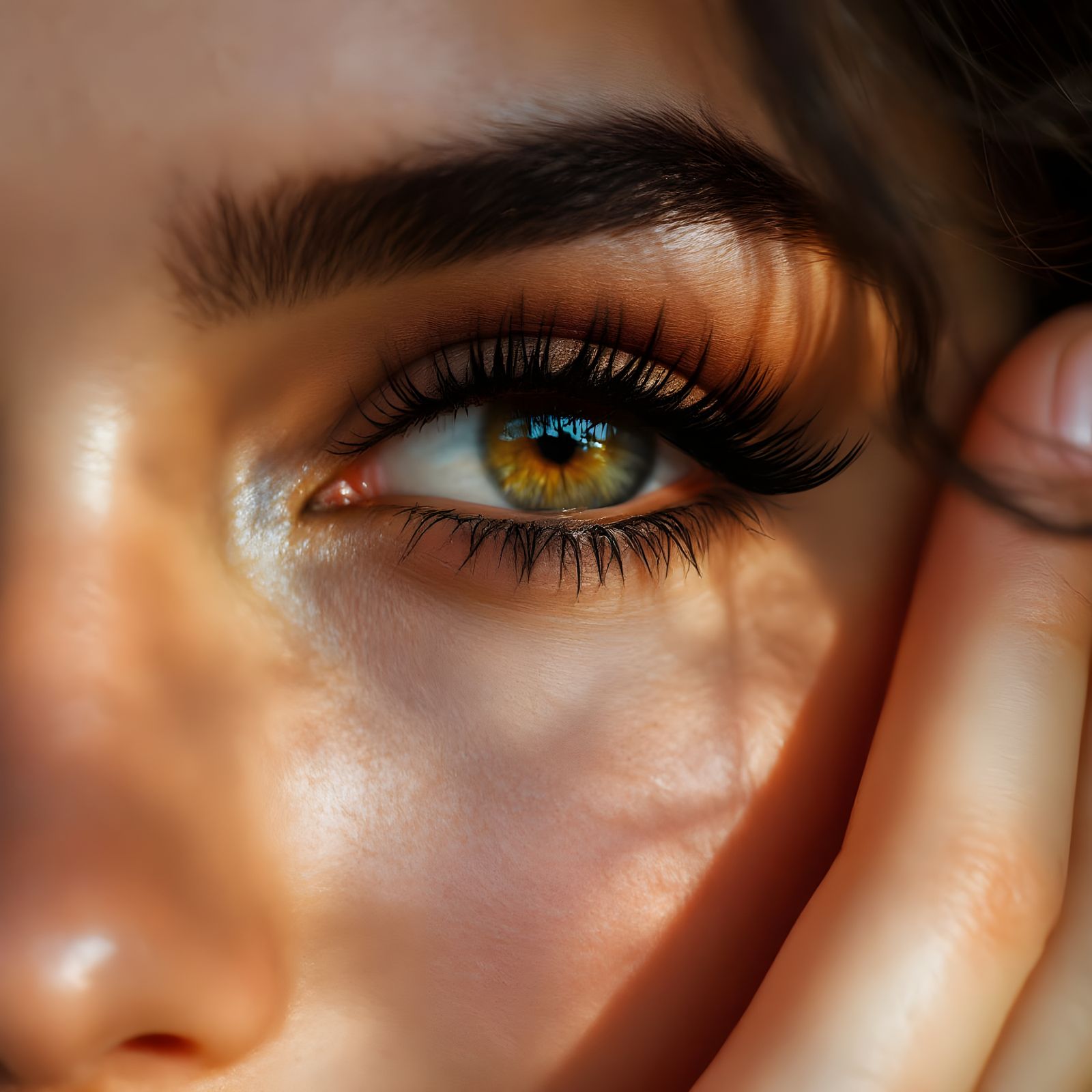 Eye Close-up with Hand and Dramatic Makeup
