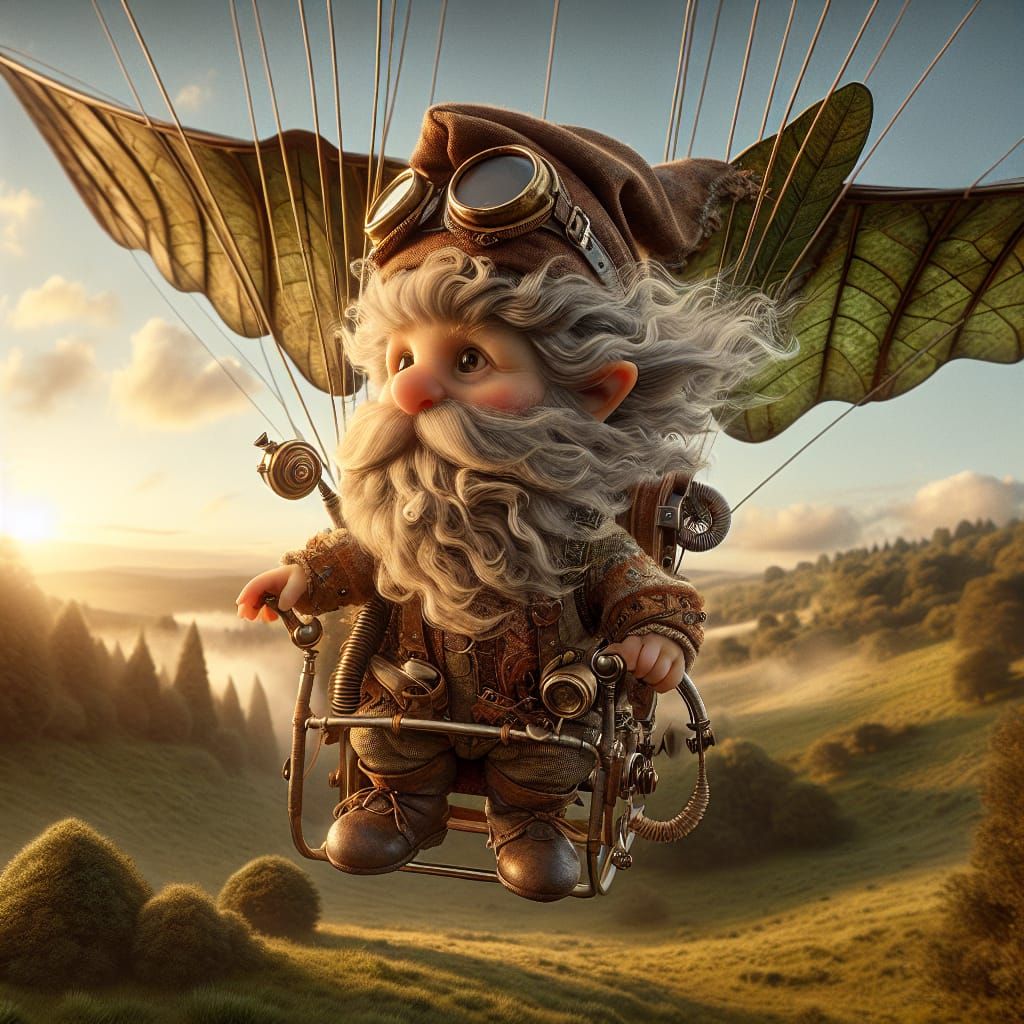 Gnome Adventurer Takes Flight in Steampunk Paramotor