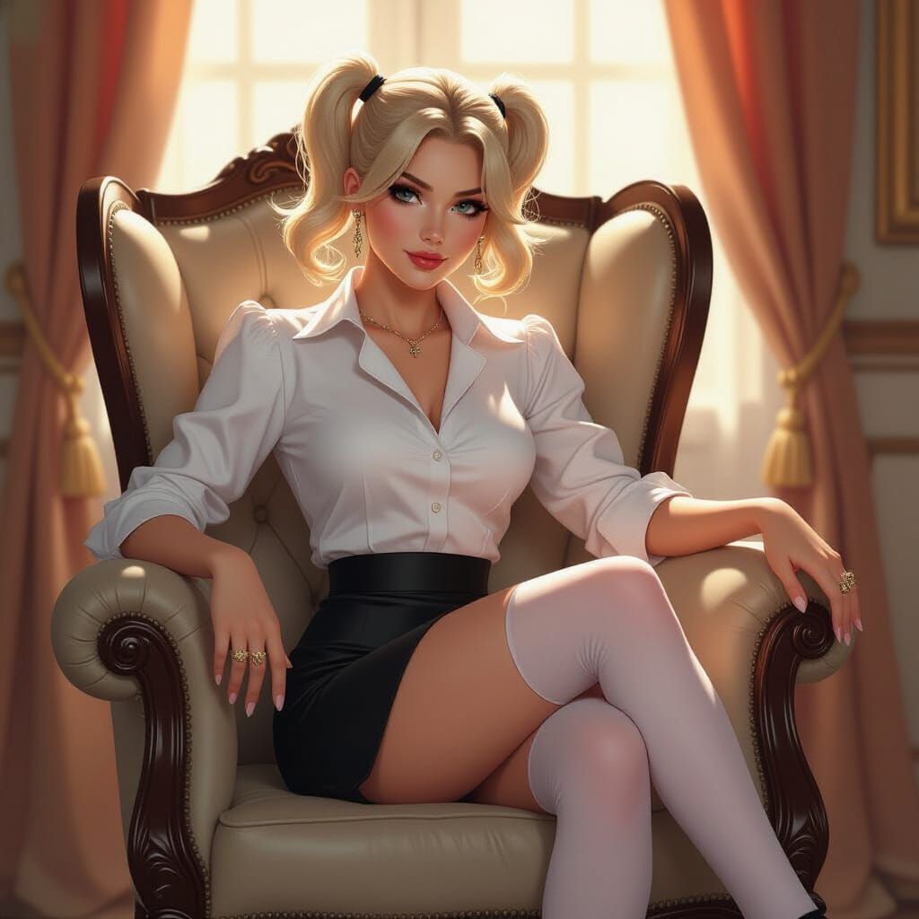 Elegant Woman in White Blouse and Black Skirt with Pigtails