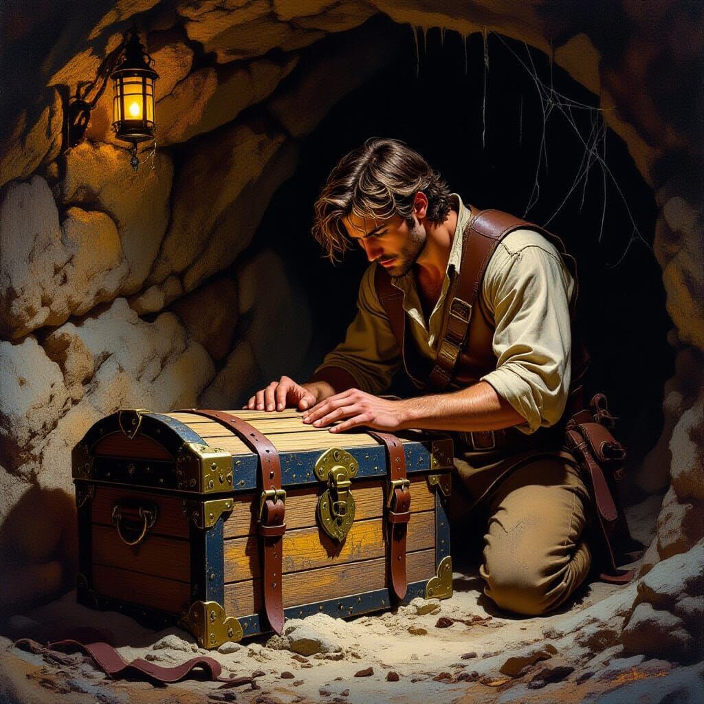 Young Man and Treasure Chest as Dark Fantasy Art