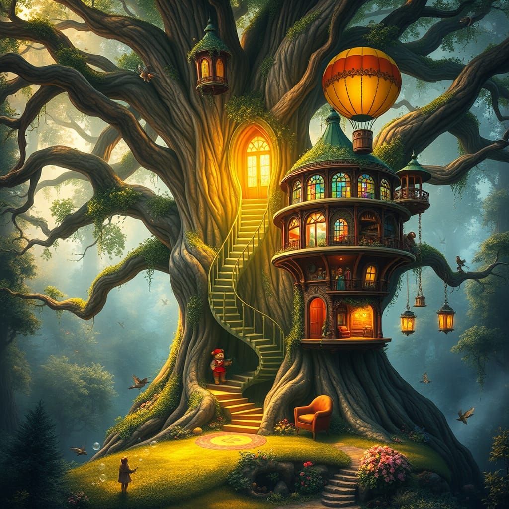 Whimsical Treehouse in a Glowing Ancient Oak