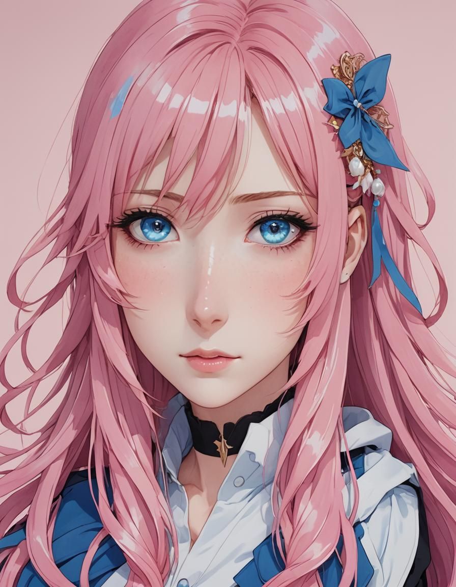 Anime Girl with Pink Hair and Blue Eyes
