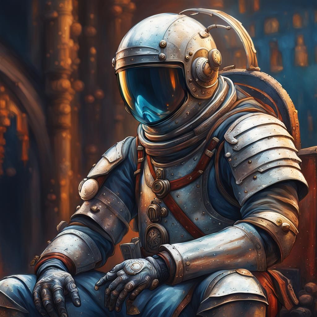 Astronaut with Medieval Knights in Hyperrealistic Style