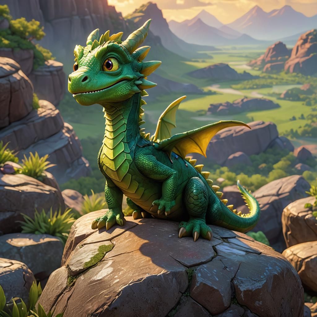 Green Baby Dragon in Pixar Concept Art Style