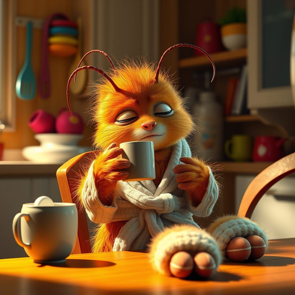 Hyperrealistic Furry Centipede in Cozy Morning Routine