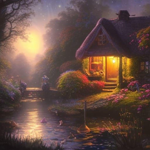 Cottagecore Mushroom House Under Starry Night