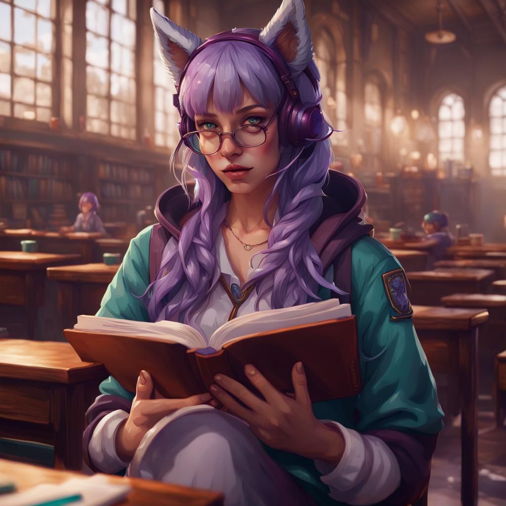 Purple Haired Wolf Girl Reads Book, Alphonse Mucha Style