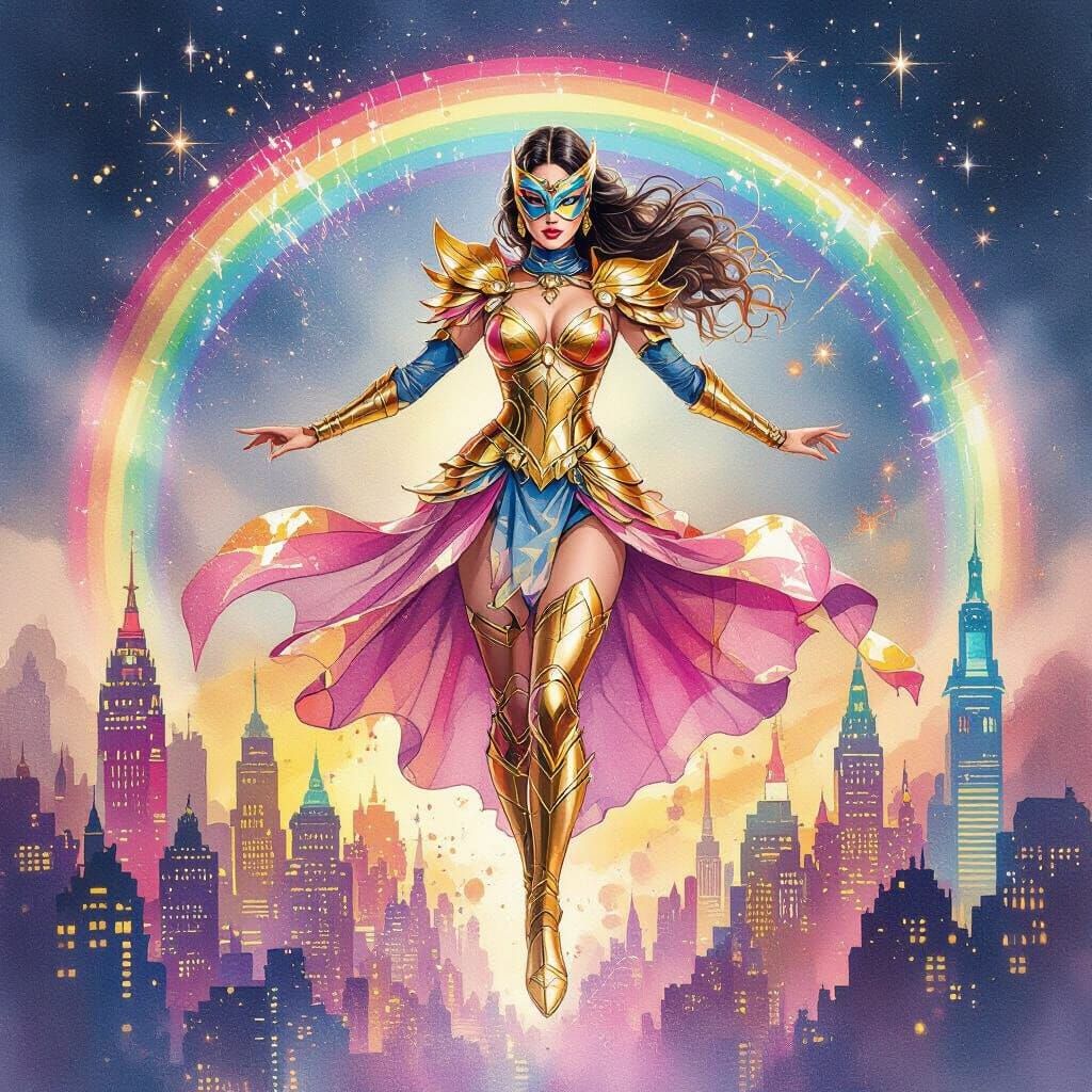 Heroic Warrior Woman in Opulent Attire Over Neon City