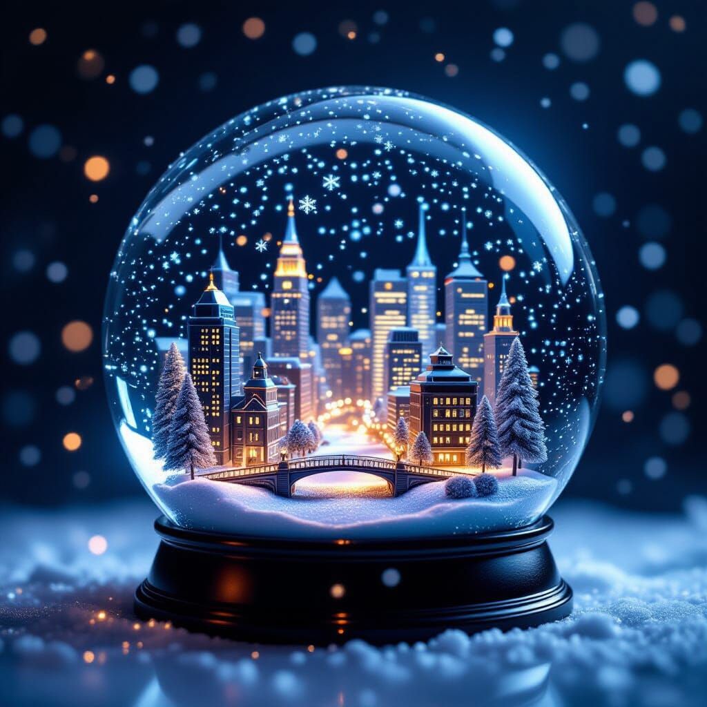 Magical Snow Globe Cityscape with Glowing Streets